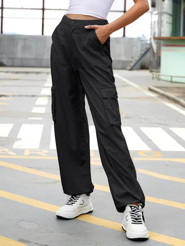 Vista 4 de ZMPSIISA Pantalones cargo de cintura alta para mujer, pantalones casuales de pierna ancha, 6 bolsillos, pantalones militares de combate