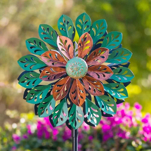 Vista 10 de Viveta Paquete de 2 molinos de viento de jardín, molino de viento de metal de flores de 35.4 pulgadas, escultura de viento rosa y azul, molinetes