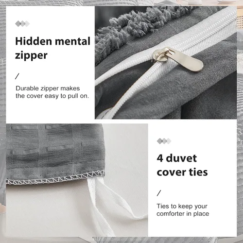 Vista 7 de WARMDERN Juego de funda de edredón Boho tamaño Queen, juego de funda de edredón a rayas de microfibra color gris oscuro, juego de 3 piezas