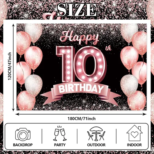 Vista 2 de Cartel de feliz cumpleaños décimo oro rosa, telón de fondo, saludos a 10 años, globos de confeti, decoración temática para niñas de 10 años