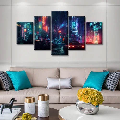 Vista 37 de Cuadros de 5 paneles de Cyberpunk City, arte de pared, representación de vallas publicitarias, edificios modernos en la capital con obras de arte