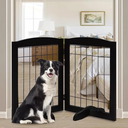 Vista 31 de LZRS Puerta plegable independiente de madera para perros de 2 paneles, madera maciza y alambre de acero, barrera para mascotas resistente a