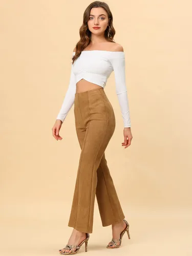 Vista 4 de Allegra K Pantalones acampanados de gamuza sintética para mujer, piernas anchas, casuales, de negocios, acampanados