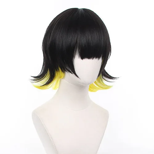 Vista 3 de XiongXiongLe Peluca de Halloween Cosplay Anime Meguru Bachira con bloqueo azul, negro y amarillo, pelucas de repuesto para disfraz de hombre