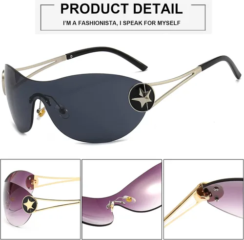 Vista 4 de Gafas de sol futuristas Y2K para mujeres y hombres, gafas de sol sin montura de gran tamaño, gafas de sol envolventes