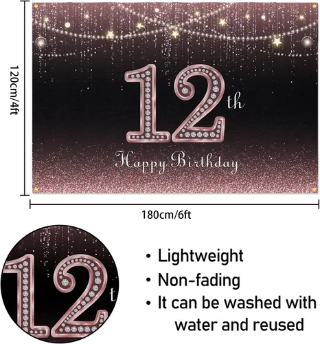 Vista 2 de HAMIGAR Fondo de pancarta de feliz cumpleaños número 12 de 6 x 4 pies, decoraciones de cumpleaños de 12 años, suministros de fiesta para mujeres