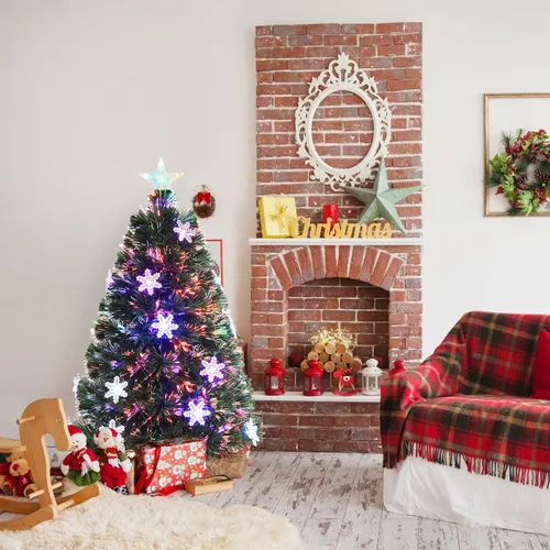 Vista 6 de BestComfort Árbol de Navidad artificial preiluminado de 3 pies con fibra óptica multicolor, 12 luces LED en forma de copo de nieve, estrella