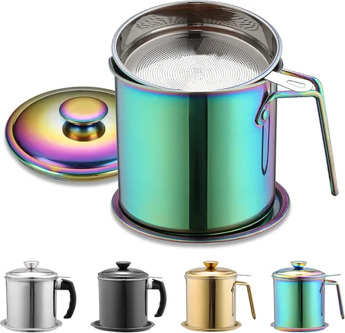 Vista 9 de Berglander Recipiente de grasa de tocino con colador de 47 oz/1.4 L, recipiente de almacenamiento de aceite de acero inoxidable con filtro de malla