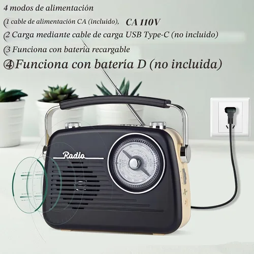 Vista 3 de Radios portátiles AM FM SW, receptor de transistor retro de recepción fuerte, altavoz Bluetooth, enchufe de corriente alterna en la pared, funciona