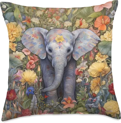 Vista 5 de Nature's Neighborhood Batik - Almohada de elefante floral, 16 x 16 pulgadas, multicolor