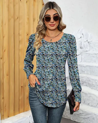 Vista 5 de Blusa plisada de manga larga abombada para mujer, cuello redondo, elegante, casual, holgada, para verano y otoño