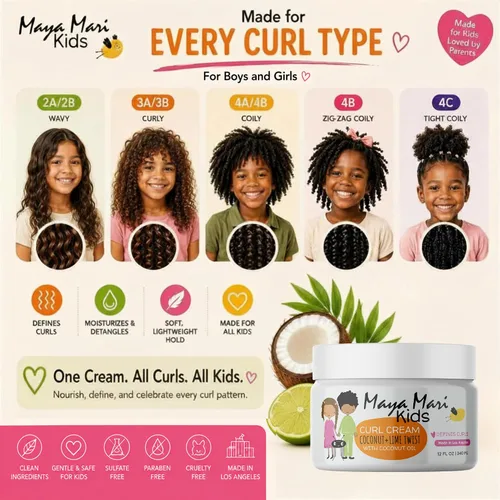 Vista 2 de MAYA MARI Crema para rizos para niños, crema definidora con aceite de coco para niños pequeños y bebés, domina el encrespamiento en cabello rizado