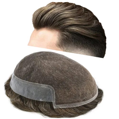 Vista 32 de Tupé para hombre con encaje suizo para hombre, sistema de reemplazo de cabello humano real, extensiones de nudo blanqueado para prótesis de cabello