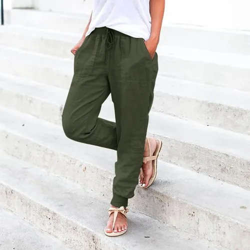 Vista 2 de DGZTWLL Pantalones de lino para mujer, de verano, talla pequeña, talla grande, cintura alta, cónicos, casuales, pantalones deportivos de yoga