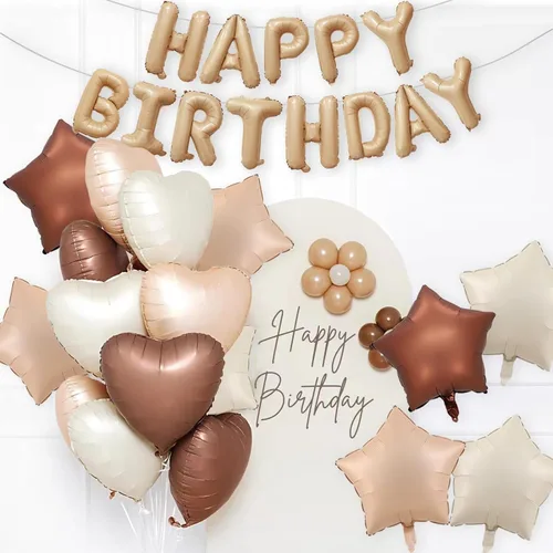 Vista 3 de Globos de papel de aluminio de feliz cumpleaños, globos neutros de color crema, caramelo, beige, marrón, globos de corazón para niñas y niños