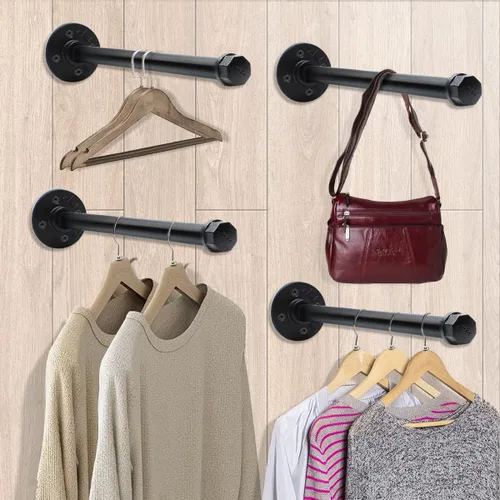 Vista 5 de Perchero industrial para ropa de tubería de 12 pulgadas, paquete de 4 unidades, perchero montado en la pared, resistente, rústico, vintage, acero