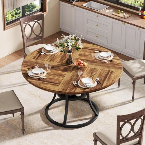 Vista 3 de Mesa de comedor redonda de 47 pulgadas para 4-6 personas con estante de almacenamiento, granja Asientos 4 – 6 estantes de almacenamiento