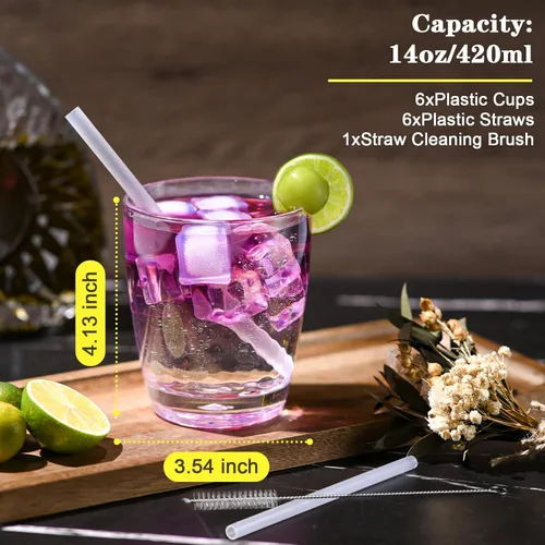 Vista 3 de 6 vasos de plástico para beber de 14 onzas, vasos acrílicos con popote y cepillo de polipropileno, sin BPA, vasos de agua apilables, vasos