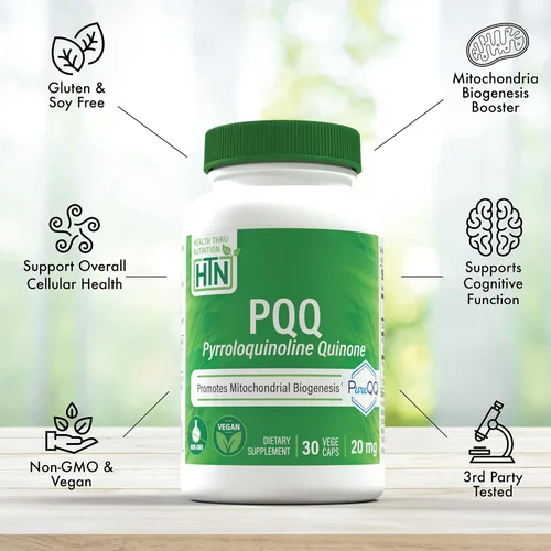 Vista 4 de Health Thru Nutrition PQQ 20 mg 30 porciones de pirroloquinolina quinona como PureQQ Promueve la biogénesis mitocondrial Certificado vegano
