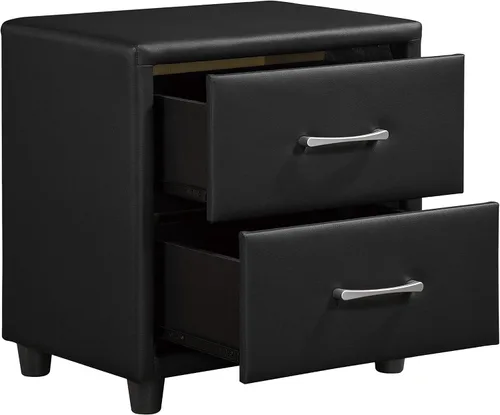 Vista 6 de NewCosmos Cubierta contemporánea de piel sintética negra duradera, 1 mesita de noche de cajones, tiradores de barra de tono plateado, muebles