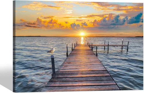 Vista 7 de Arte de Pared de Playa en Lienzo para Baño: Obra de Arte Impresa de Puesta de Sol Costera y Océano, Escena Marina Moderna, Imagen de Paisaje Marino