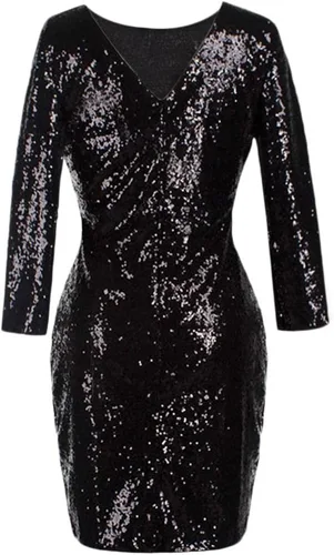 Vista 2 de Vestido de fiesta para mujer, manga 34, cuello en V, lentejuelas, brillante, glamuroso, vestido de fiesta, cóctel, con purpurina, entallado, boda