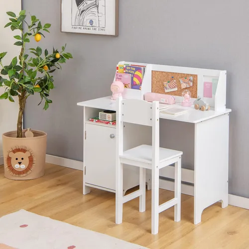 Vista 9 de Costzon Juego de escritorio y silla para niños, mesa de estudio de madera para niños con almacenamiento, gabinete, tablero de anuncios de corcho
