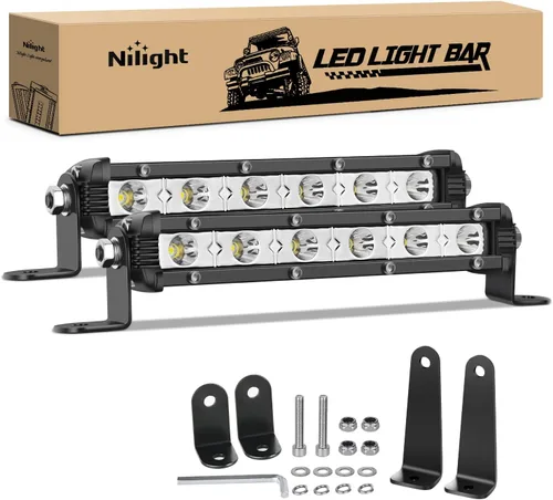Vista 6 de Nilight 2 piezas de 7 pulgadas y 18 W ultra delgado de una sola fila LED de inundación barra de luz antiniebla, luz de trabajo para todoterreno
