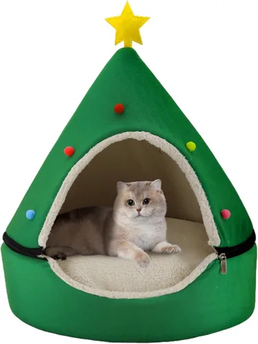 Vista 3 de Detachable Christmas Tree Cat Bed, Self-Warming Comfortable Pet Teepee Indoor Cave for Puppy Kitten Green, Christmas Cat Bed