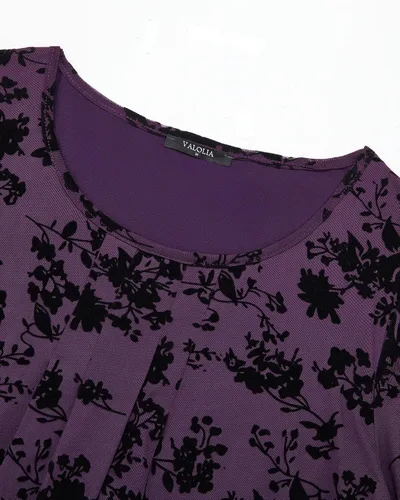 Vista 3 de VALOLIA Blusa de manga 34 para mujer, estilo casual, holgada, floral, de malla, plisada, en capas