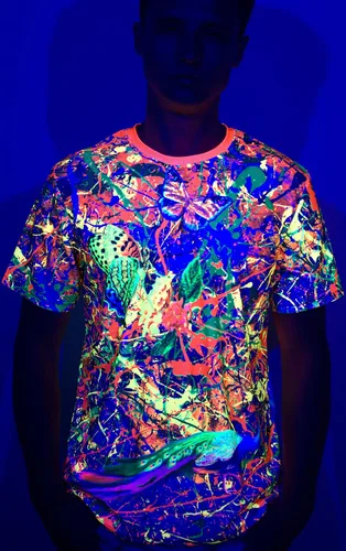 Vista 3 de aofmoka - Camiseta ultravioleta hecha a mano, reactiva a luz negra, con impresión decorativa