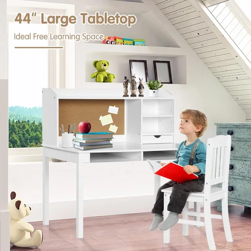 Vista 7 de Costzon Juego de escritorio y silla para niños, escritorio de estudio para niños con silla, gabinete, almacenamiento, cajones, estantes, tablero