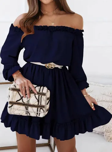 Vista 4 de Dokotoo Vestido de primavera 2024 con volantes y hombros descubiertos para mujer, manga larga, cintura elástica, acampanado, casual, mini vestidos