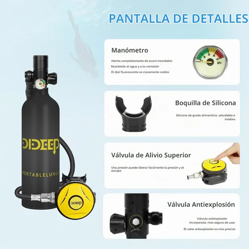 Vista 4 de DIDEEP Tanque de buceo, mini tanque de buceo de 1 litro, soporte de alrededor de 15-20 minutos de respiración subacuática portátil, tanque de pulmón