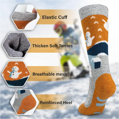 Vista 5 de Calcetines de esquí de lana merino para niños, calcetines térmicos cálidos hasta la rodilla, para patinaje de snowboard para niños y niñas