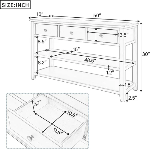 Vista 2 de Mesa consola retro con 3 cajones, mesa de entrada de madera maciza, mesa de sofá estrecha con estante, mesa de entrada estrecha, mesa de pasillo