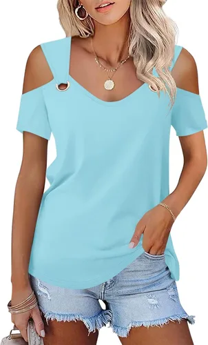 Vista 15 de Minetom - Camisetas básicas de verano para mujer, de manga corta, con hombros descubiertos y cuello en V