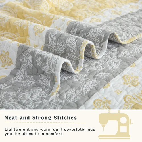 Vista 7 de Edredones Amarillos Tamaño Queen, Juego de Ropa de Cama de Algodón, Edredón Amarillo Gris Blanco, Ropa de Cama Rayada Tamaño Queen, Edredón de Lujo
