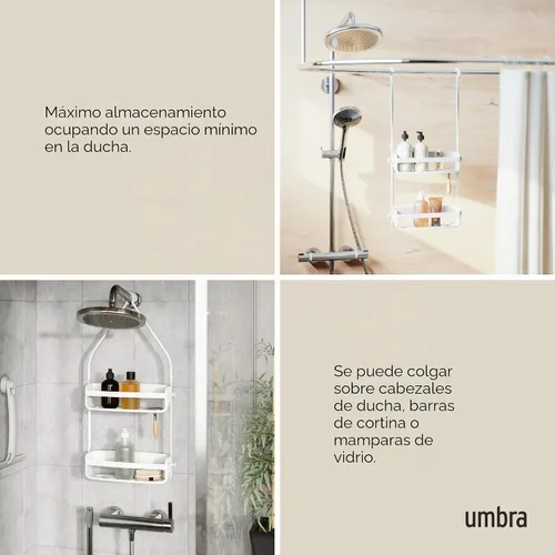 Vista 4 de Umbra Flex soporte para baño Bandas de silicona flexibles, sistema de drenaje, resistente al molde, collares de botella, montaje superior Blanco