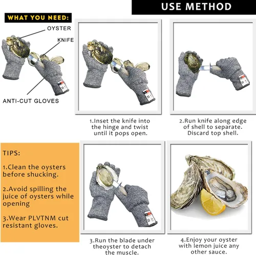 Vista 4 de 2Oyster - Cuchillo de acero inoxidable con mango de madera, con 2 pares de guantes resistentes a cortes de nivel 5, abridor de ostras para cocina