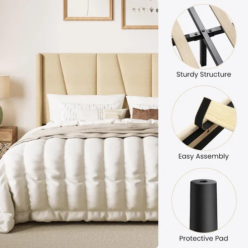 Vista 7 de SHA CERLIN Base de cama tamaño Queen con cabecera geométrica con respaldo de ala, plataforma tapizada con soporte de listones de madera, espacio