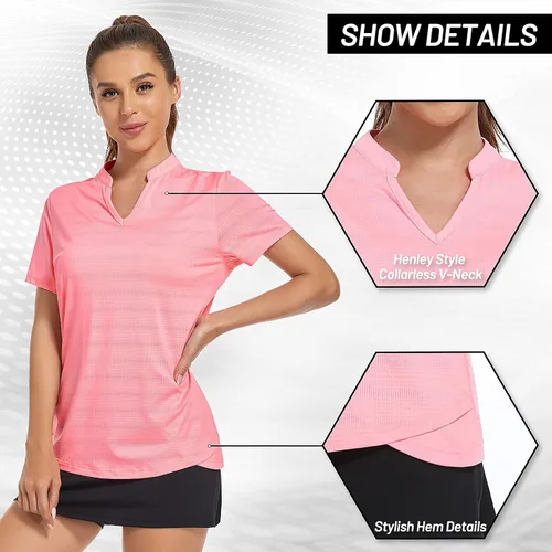 Vista 5 de MIER Polo de golf para mujer, sin cuello, UPF 50+, manga corta, tenis y correr, cuello en V