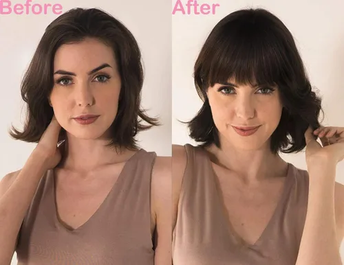 Vista 5 de Extensiones de cabello con clip, de fleco francés, natural, con flequillo, lacio, con flecos, con sienes para mujer, uso diario, color marrón medio