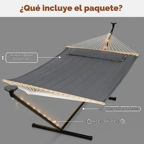Vista 6 de SUNCREAT Hamaca doble con soporte de 12 pies, luces solares incluidas, hamaca al aire libre para exterior, gris oscuro
