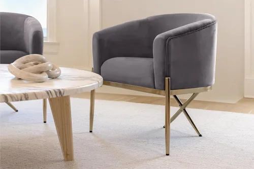 Vista 4 de Milliard Silla con brazo para sala de estar y comedor con terciopelo tapizado fácil de limpiar y patas doradas en forma de X, gris