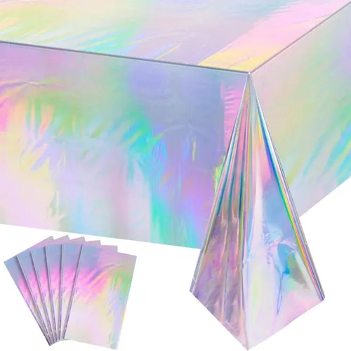 Vista 22 de Paquete de 1 mantel de plástico a cuadros negros e iridiscentes, manteles rectangulares desechables con láser, mantel de papel de aluminio