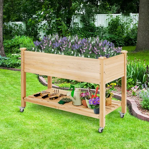 Vista 2 de COSTWAY Cama de jardín elevada con ruedas, maceta de madera con estante de almacenamiento para verduras, flores y hierbas, maceta elevada para patio