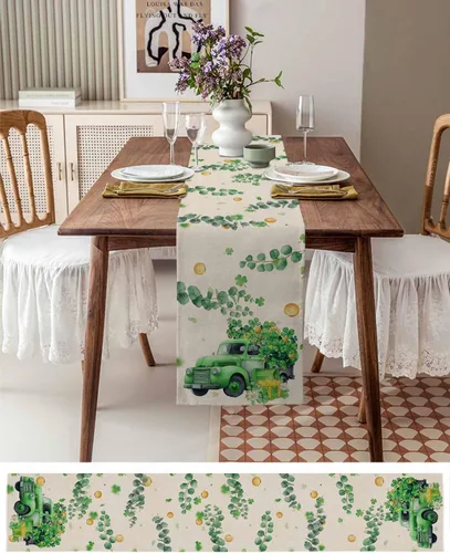 Vista 6 de Camino de mesa de algodón con trébol de la suerte, día de San Patricio, diseño retro de tréboles, hojas de eucalipto, mantel de hojas de eucalipto