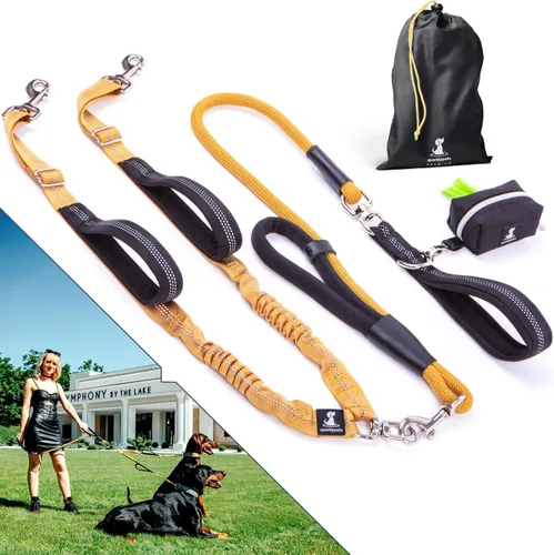 Vista 23 de Correa doble premium para dos perros, absorción de golpes, antitirón, doble correa para razas medianas y grandes con accesorio de correa doble
