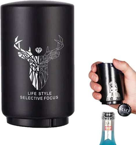 Vista 10 de Regalo del Día del Padre para Papá, abrebotellas YUDANSI Push Down, abridores automáticos de cerveza, removedor de tapas de botella de acero Negro
